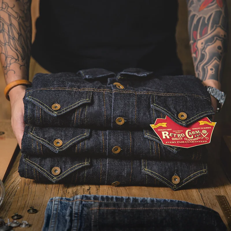 Maden Retro American Washed Dark Denim Jacket Youth Trendy Slim Fit Third Generation Workwear Coat for Men Spring Season
