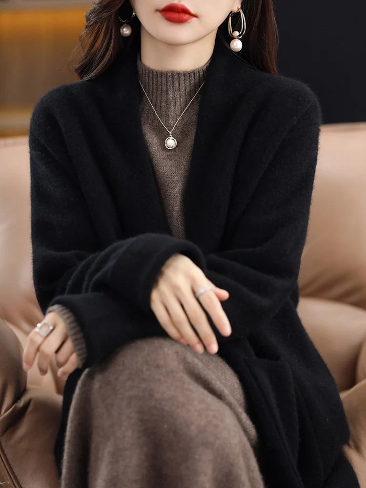 Neue Frauen 100% Kaschmir Pullover Außentasche Taille Gürtel Schwere Kaschmir Strickjacke Herbst Winter Dicke Büro Dame Chic Tops