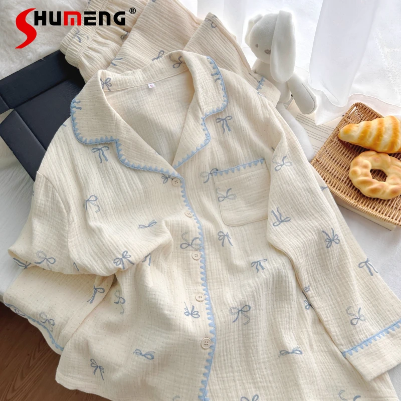 

Butterfly Knot Print Women's Pajamas Autumn Pure Cotton Gauze Home Wear Female Japanese Style Long Sleeve Polka Dot Set