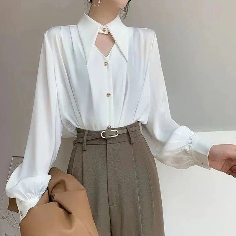 MEXZT Elegant Chic Shirts Women Turn Down Collar Long Sleeve Hollow Out Blouse Office Lady Spring Korean Ol Solid Button Tops