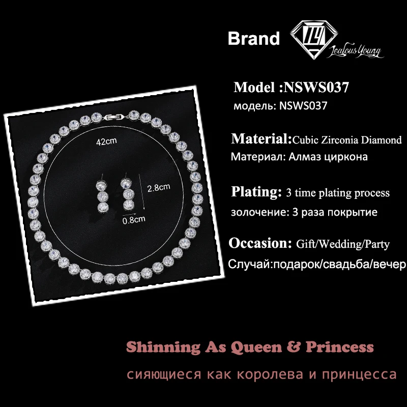 Bling Round Cubic Zircon Necklace and Earrings Women Party Jewelry Set for Wedding Brides