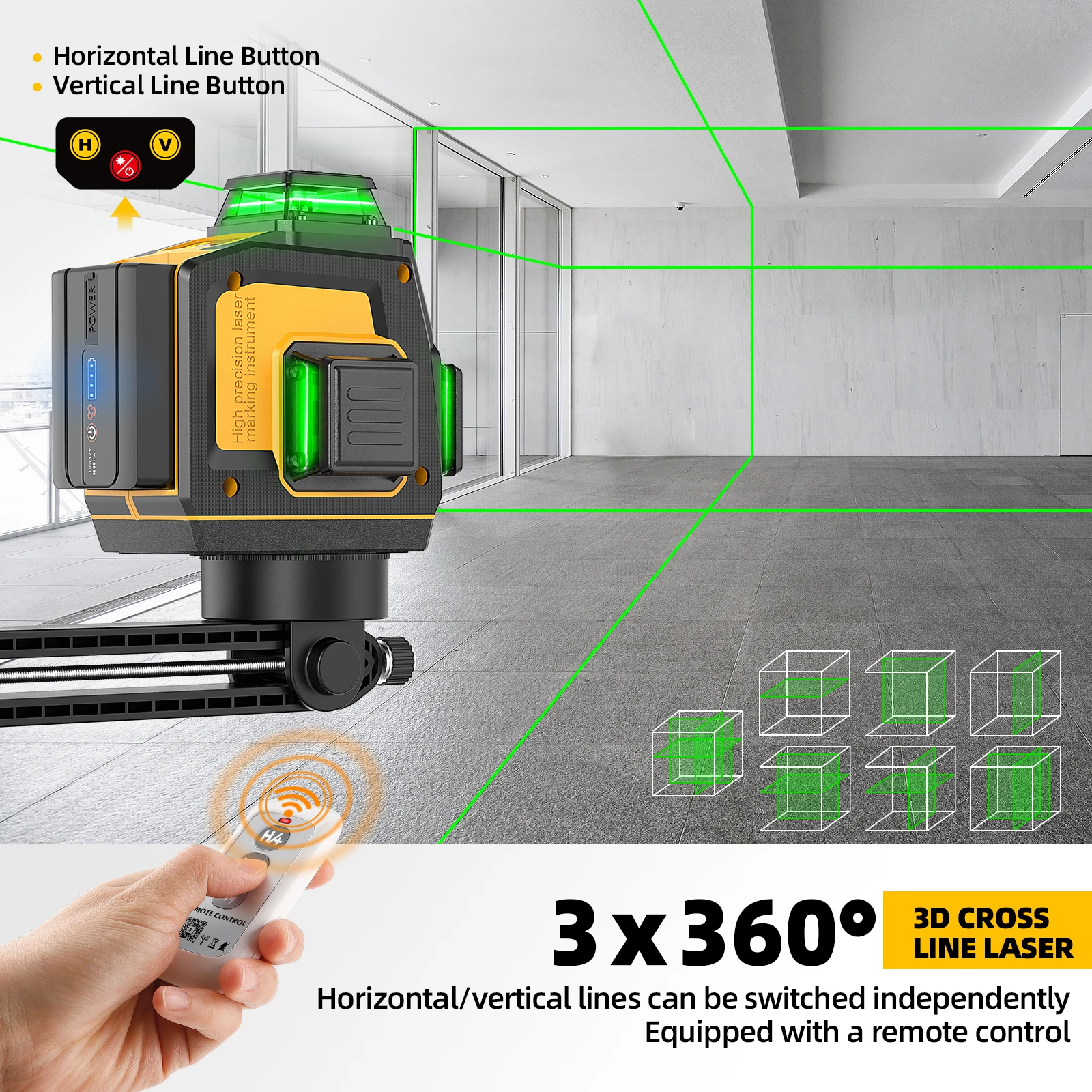 3D 12 Lins Self Leveling Laser Level SAVSEC 3 x 360° Stepless Dimming Green Cross Lines Laser with Remote Control Li-ion Battery