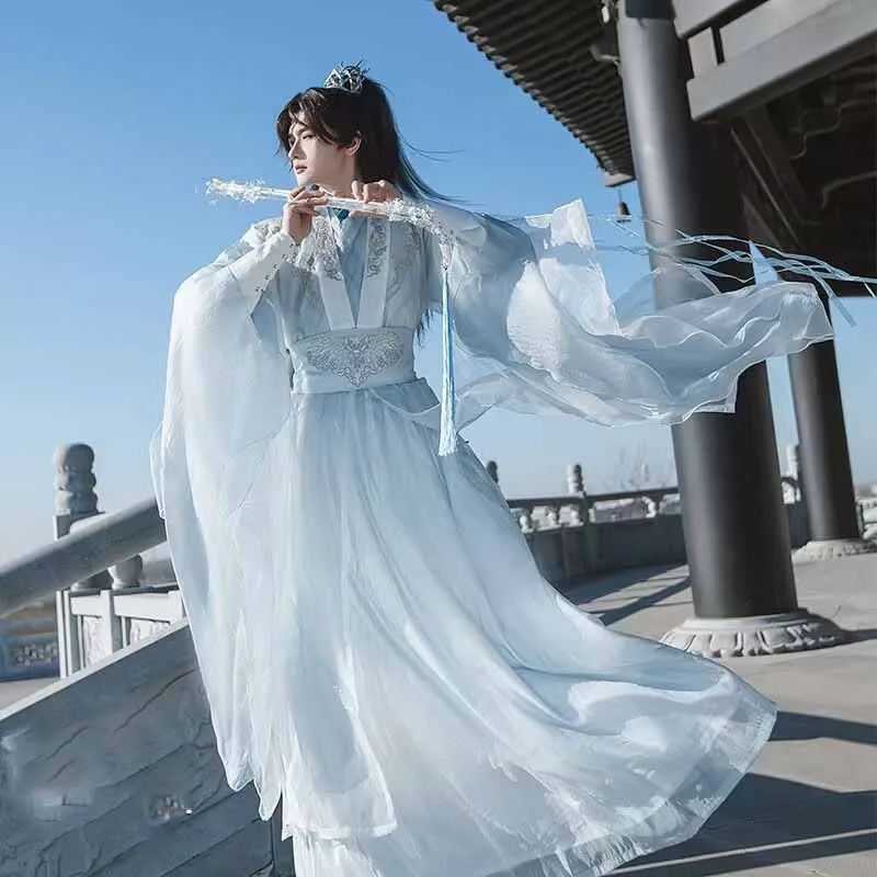 Hanfu الرجال الصينية القديمة التقليدية الأبيض والأزرق Hanfu زي الذكور زي هالوين تنكري Hanfu الدعاوى النساء حجم كبير XXL