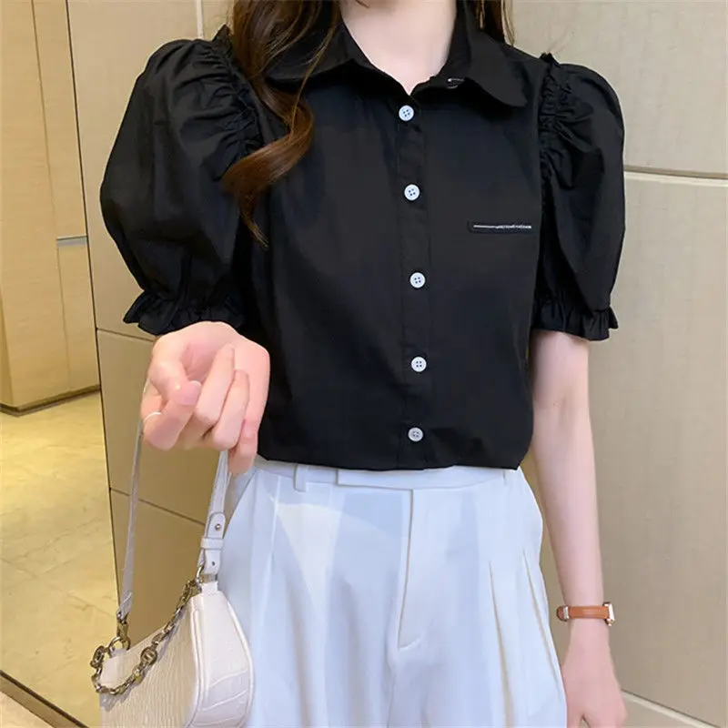 Korean Version Solid Color Simplicity Commuter Versatile Top Fashion Buttons POLO Neck Short Sleeve Temperament Chiffon Shirt