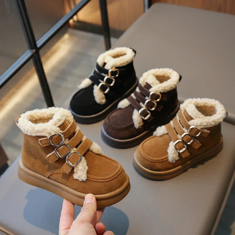 2024 novas meninas botas versátil macio respirável antiderrapante crianças moda casual botas de neve gancho & loop fivela cor sólida pelúcia