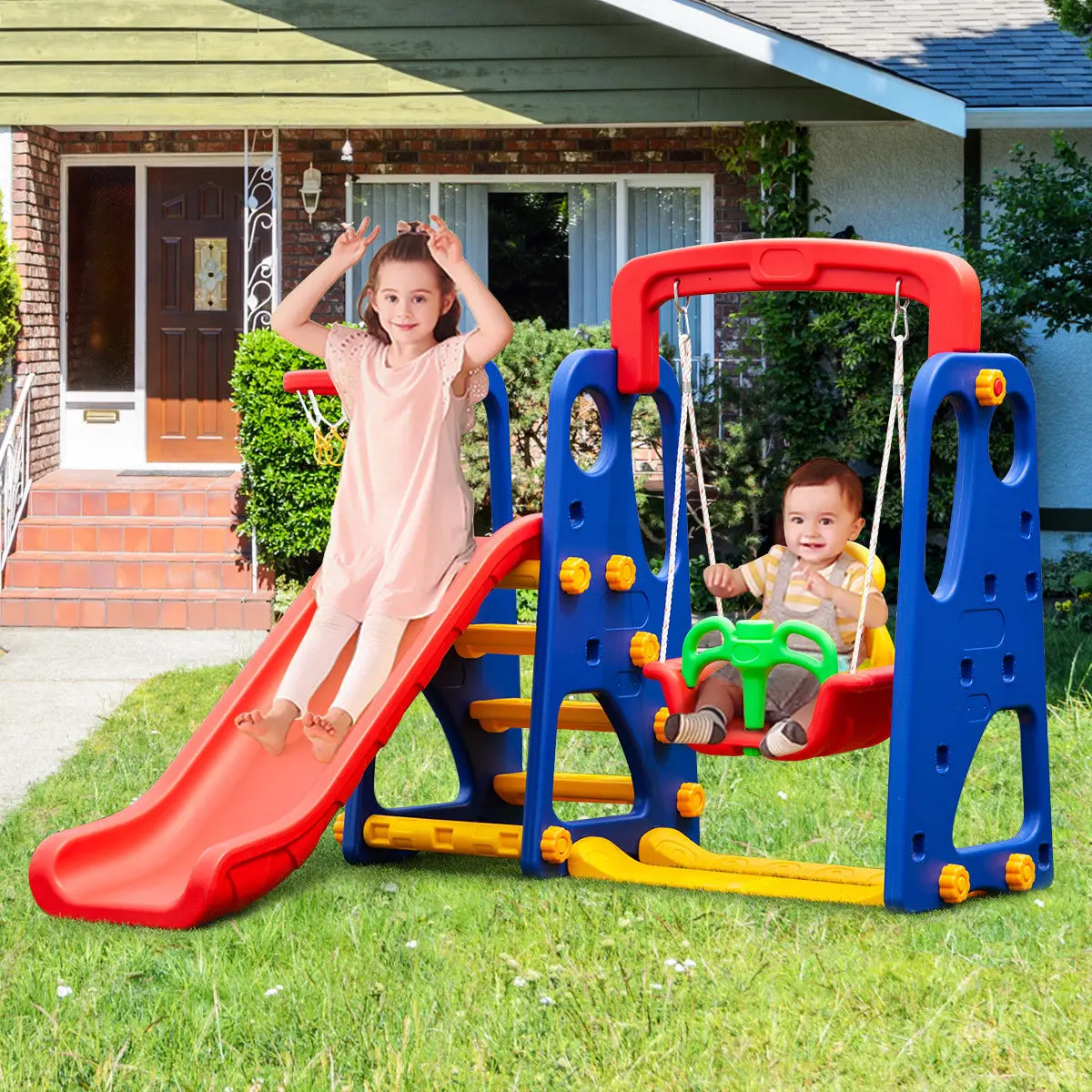 3 in 1 Junior Children Climber Slide Swing Seat canestro da basket Playset Backyard