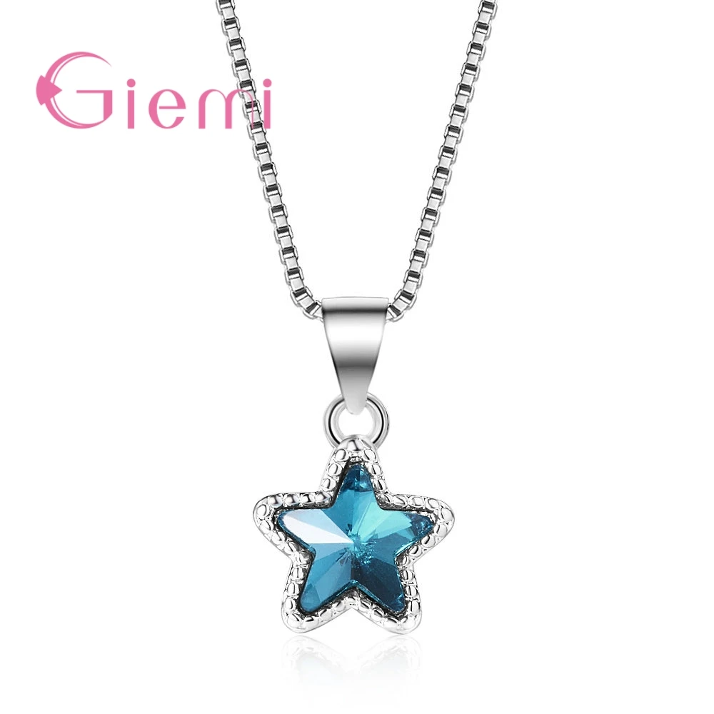 Delicate 925 Sterling Silver Blue Stars Crystal Zircon Pendant Necklaces for Women Girls Banquet Party Jewelry Gifts Accessory