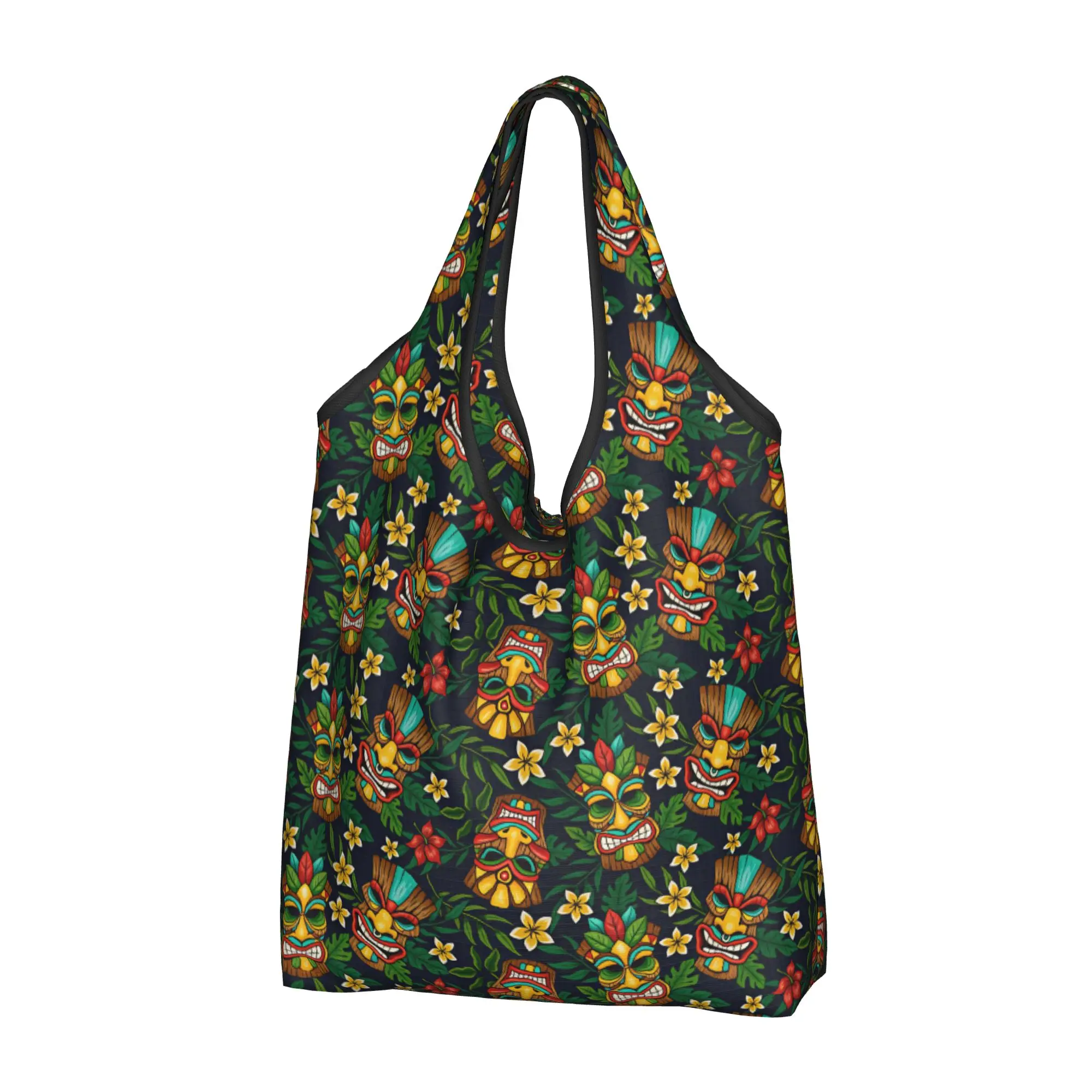 Recycling Hawaiian Style Palm Monstera Tiki Mask Shopping Bag Women Tote Bag  Tropical Plants And Flowers Groceries Shopper Bags
