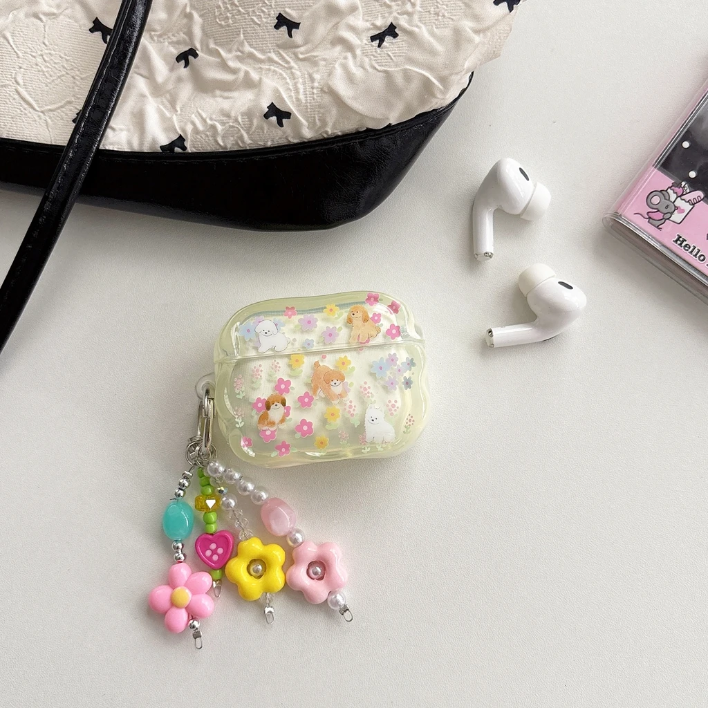 INS Fresh Floral Cute Puppy Wavy Edge With Pendant Protective Earphone Cover Case for AirPods 1 or 2 3 4 5 Pro 2 Pro 3