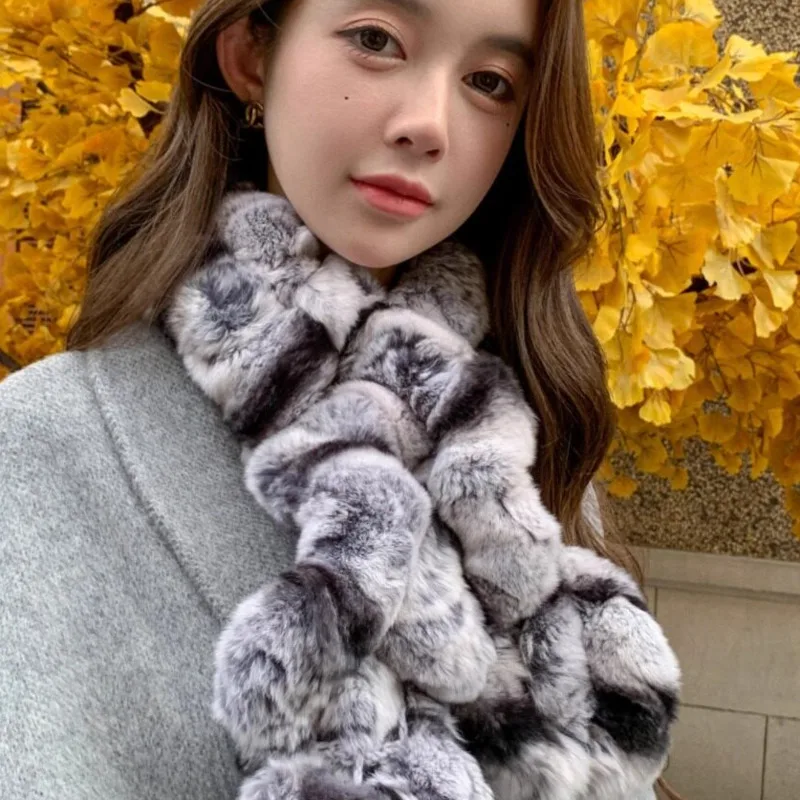 Women Real Rex Rabbit Fur Scarf Winter Girls Elastic Knit Fur Neck Wraps Warm Fashion Natural Fur Scarves Neck Warmer Ladies