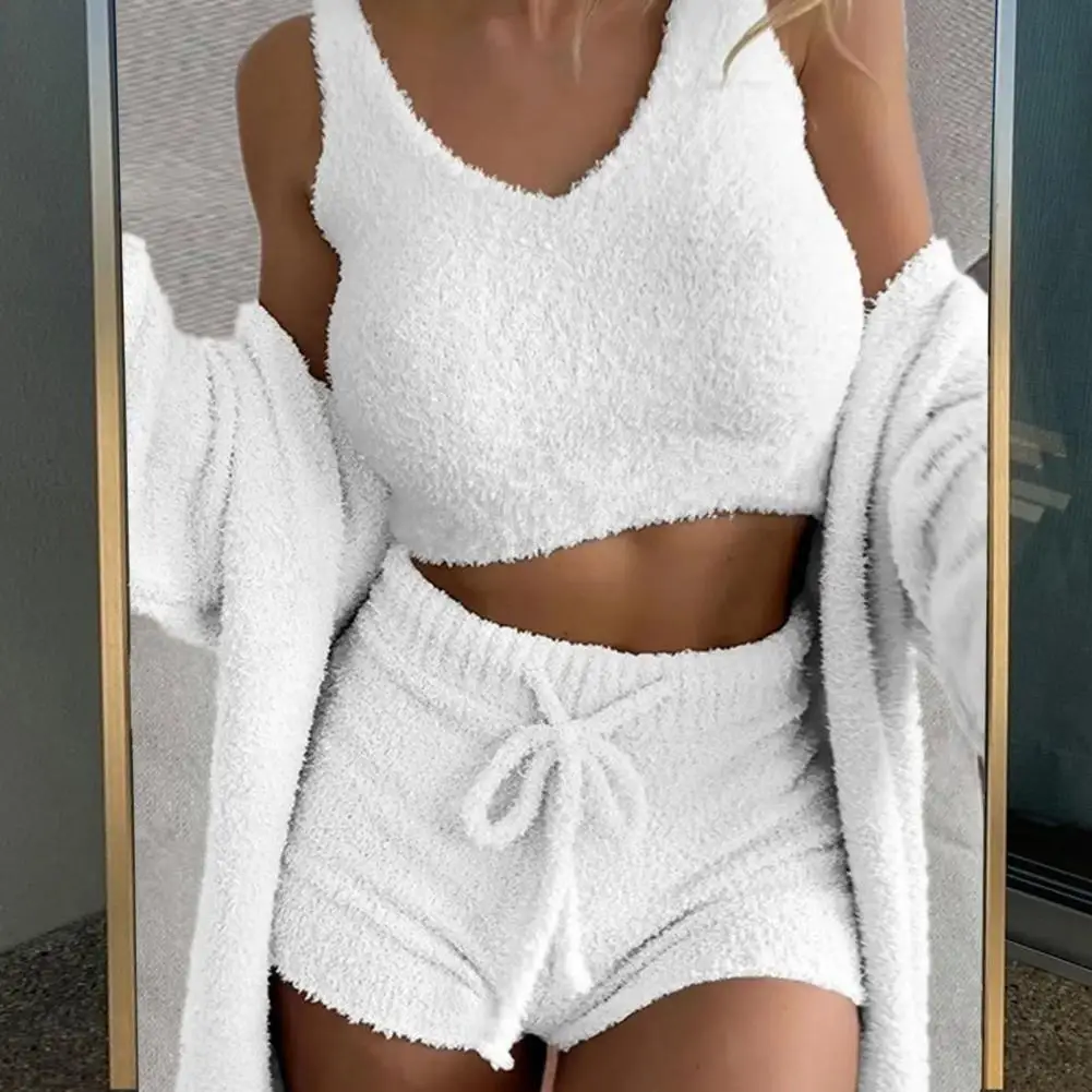 Fluffy Women Pajamas Set Sexy Tank Top Shorts Hoodie Leisure Homsuit Winter 3 Pieces Pijamas Thick Plush Loungewear Sleepwear