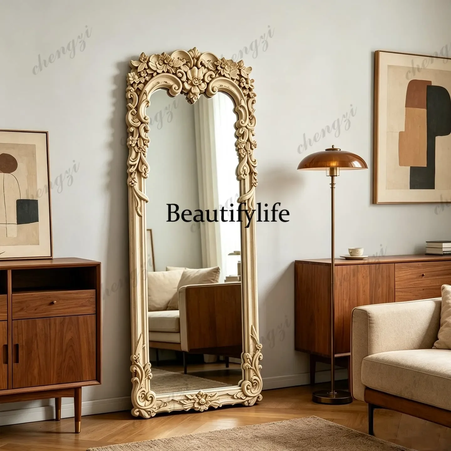 z183 French retro full-length mirror home luxury living room carved floor mirror American villa full-length mirror