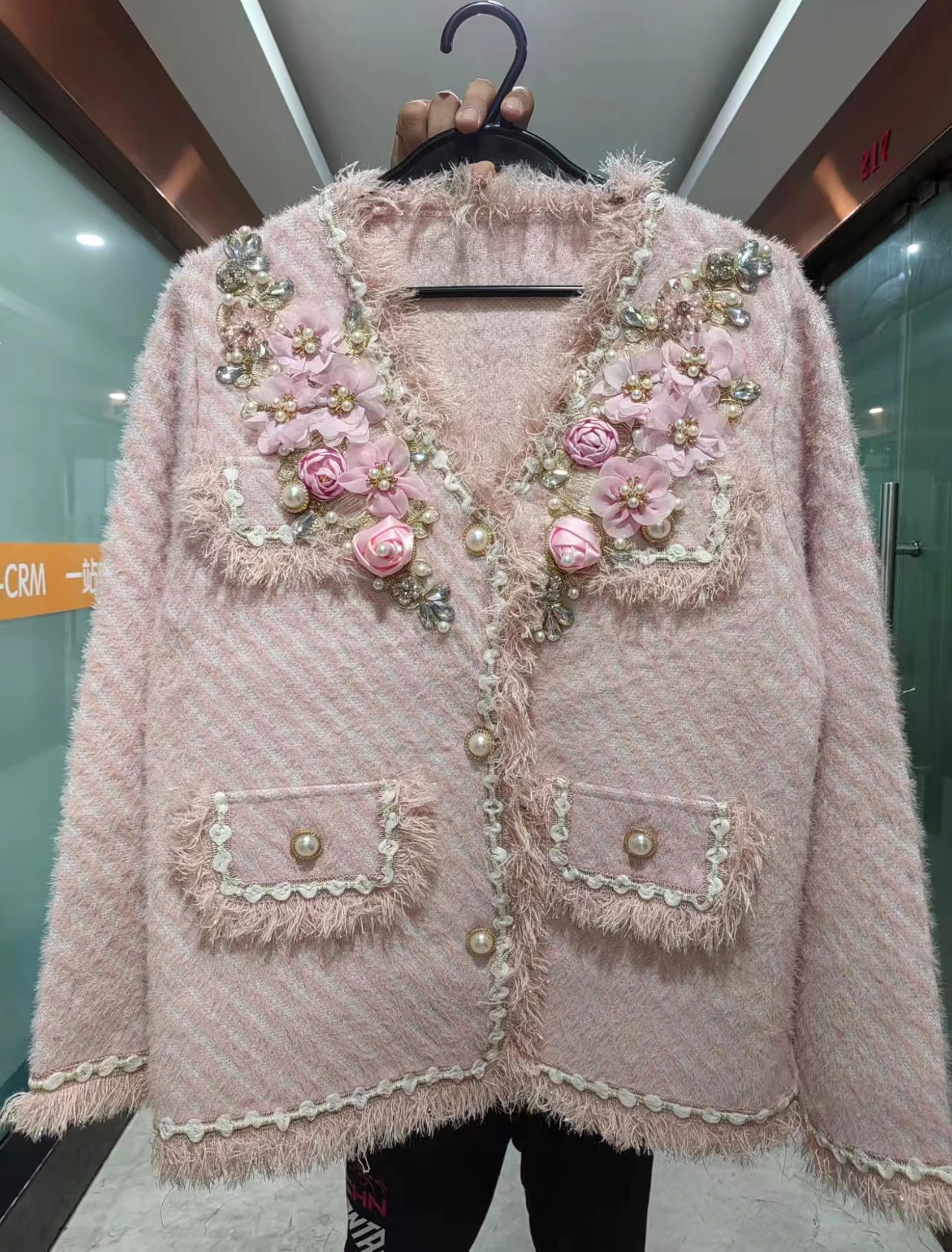 New In 2024 Autumn Winter Luxury Beaded Flowers Stitch Knitted Cardigan For Women Long Sleeve Sweater Coat Outwear Jacket