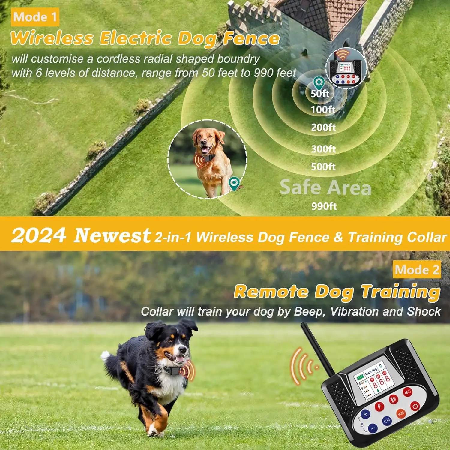 Electric Wireless Dog Fence System Pet Containment System for Dogs Waterproof and Rechargeable Collar Receiver Training Collar