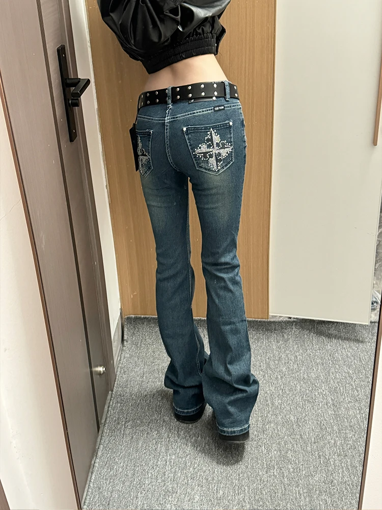 

Retro Y2K High Waist Straight Leg Denim Jeans Women's Embroidered Diamond Glitter Slimming Floor Length Trousers