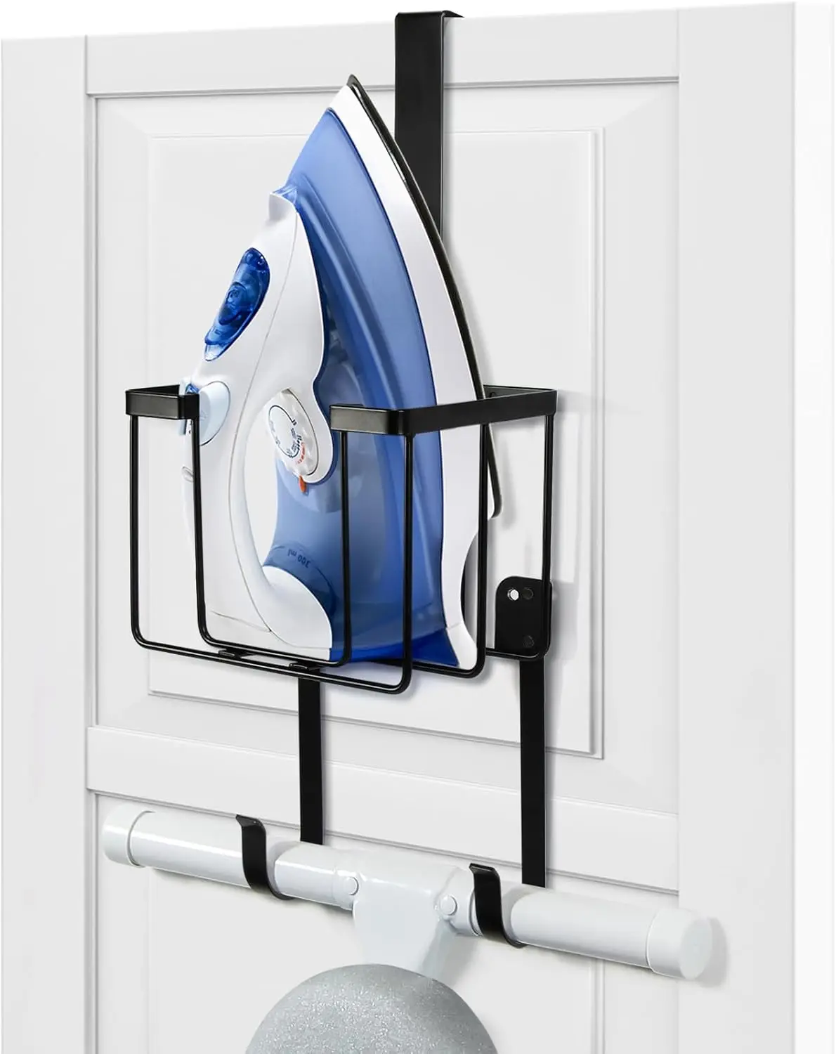 Over The Door/Wall Mount Ironing Board Hanger, Laundry Room Iron and Ironing Caddy Board Storage Holder, Black