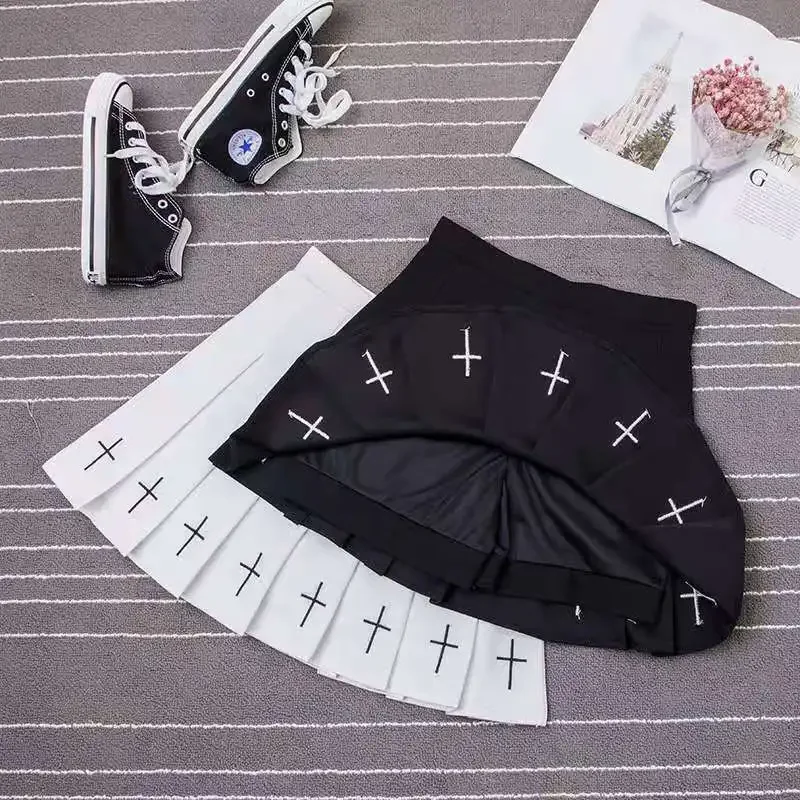 Cintura alta mini saias pretas gótico streetwear cruz impressão plissado saias femininas casual faculdade lolita harajuku saia