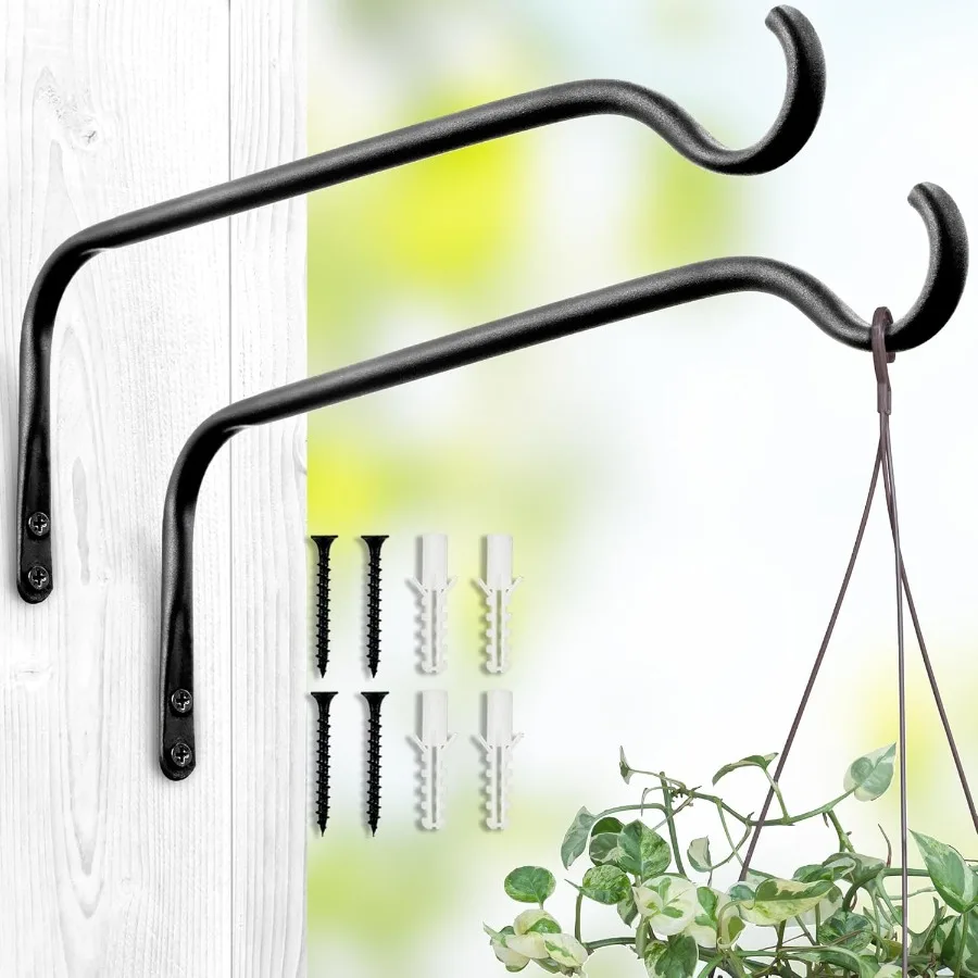 Durable Plant Hangers Brackets: 2 Pack 12 Inch Outdoor Metal Hanging Plant Brackets Rustproof Wall Hooks for Hanging Flower Bas