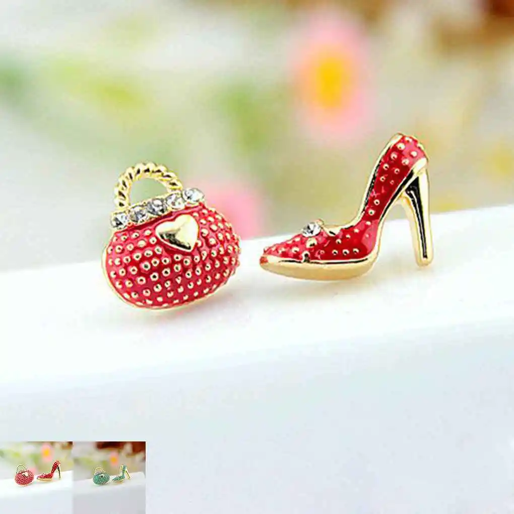 1 Pair Cute Bags Heels Shoe Asymmetric Earrings Women Girls Crystal Stud Earrings