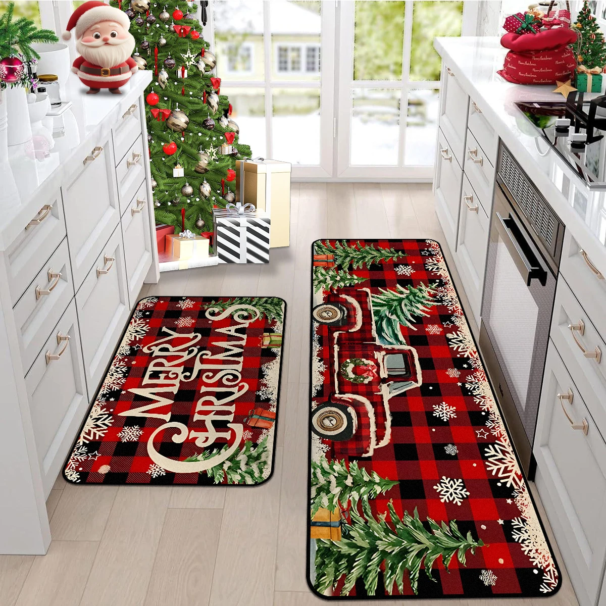Kitchen Floor Mat Long Rug Christmas Themed Carpet Pickup Truck Tree Print Home Decor Anti-slip Foot Mats Wear-resistant