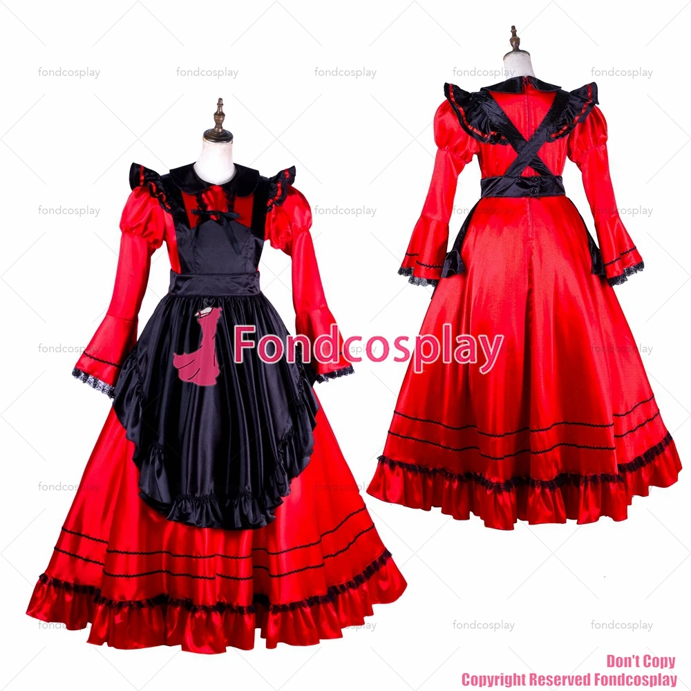 fondcosplay adult sexy cross dressing sissy maid long lockable red Satin dress Uniform black apron costume CD/TV[G2005]