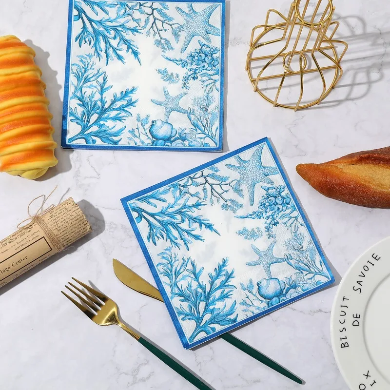 20 pçs 33cm 2ply oceano azul estrela do mar impresso guardanapos venda quente polpa de madeira nativa festa decoração tecido diy decoupage papel
