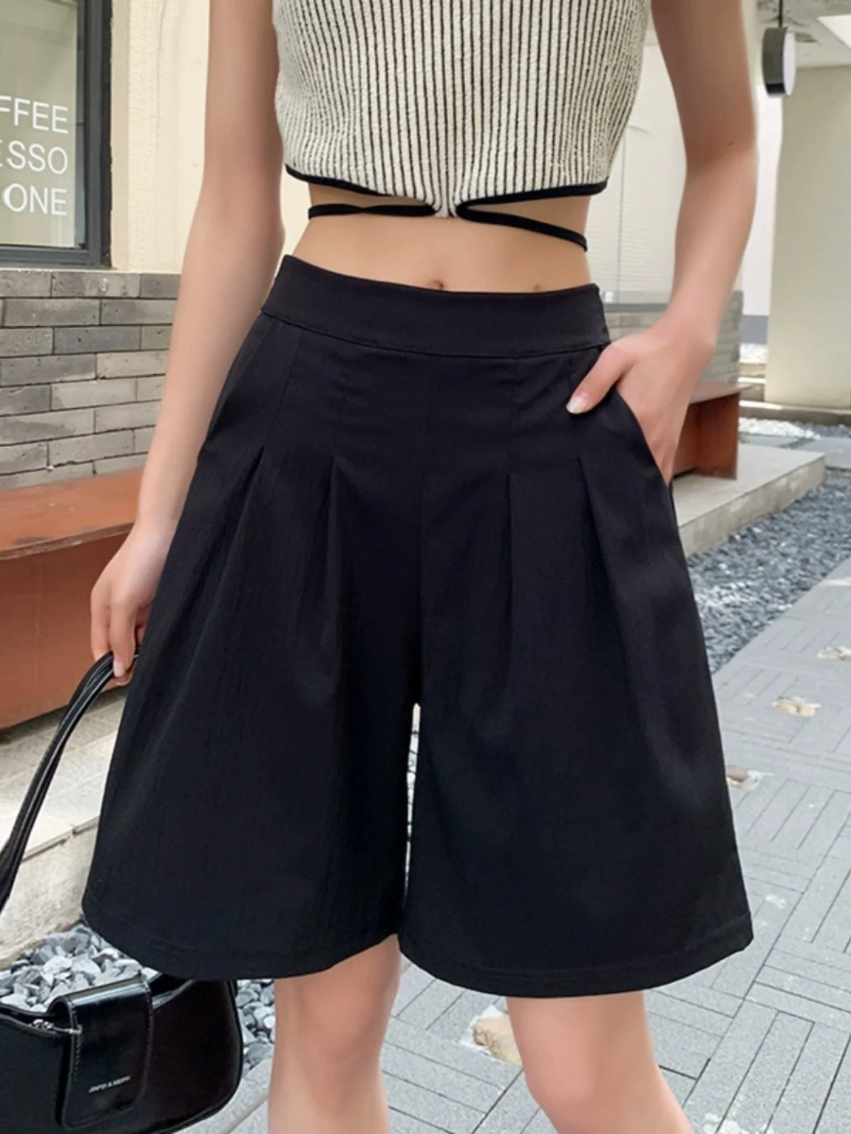 Hoge taille gedrapeerde casual orts voor dames Street Sle Spor Vrije tijd Hoge taille Eenvoudig ontwerp Gesplitste rechte pijpen ort broek