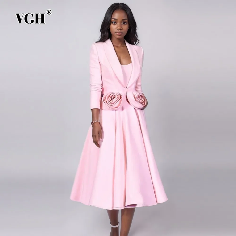 

VGH Solid Two Piece Set For Women Notched Long Sleeve Patchwork Appliques Tops High Waist A Line Skirts Elegant Sets Female New