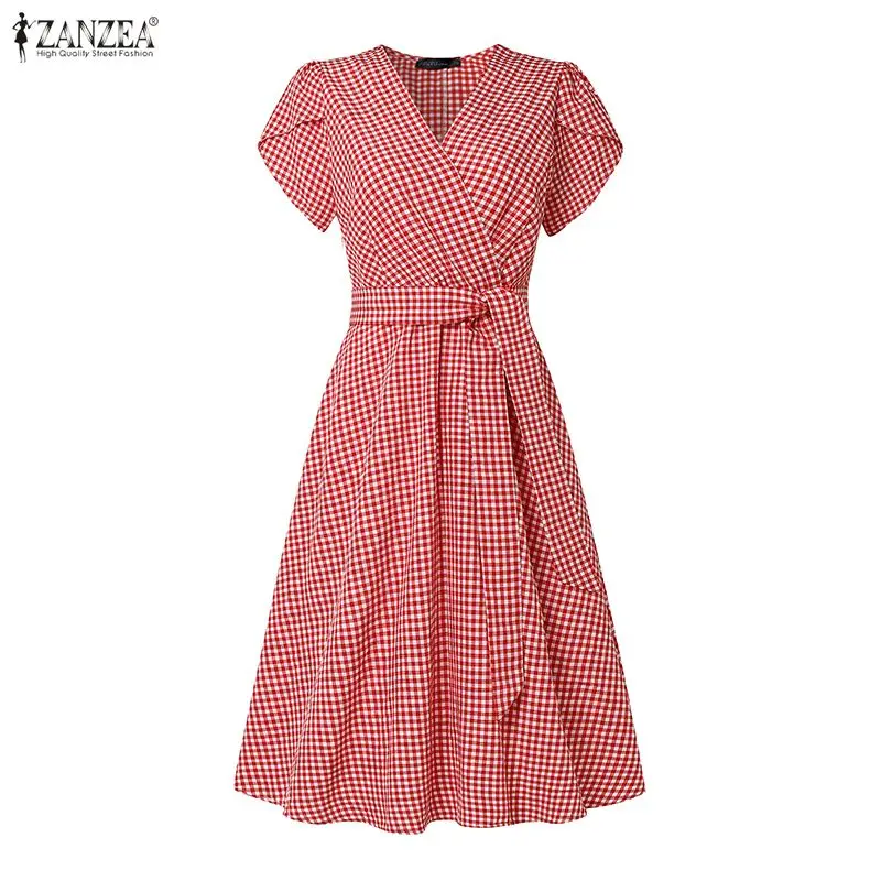 2026 ZANZEA Sommer Elegantes V-Ausschnitt Kurzarm Arbeitskleid Stilvolle Damen Karierte Kleider A-Linie Gürtel Midikleid Urlaubssommerkleid