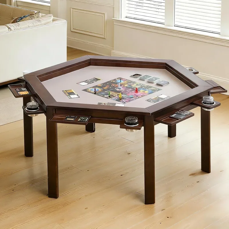 Solid Wood Board Game Table Hexagonal 4 to 6 Player Gaming Dining Table with Removable Table Top Includes Game Mat 6 Cup