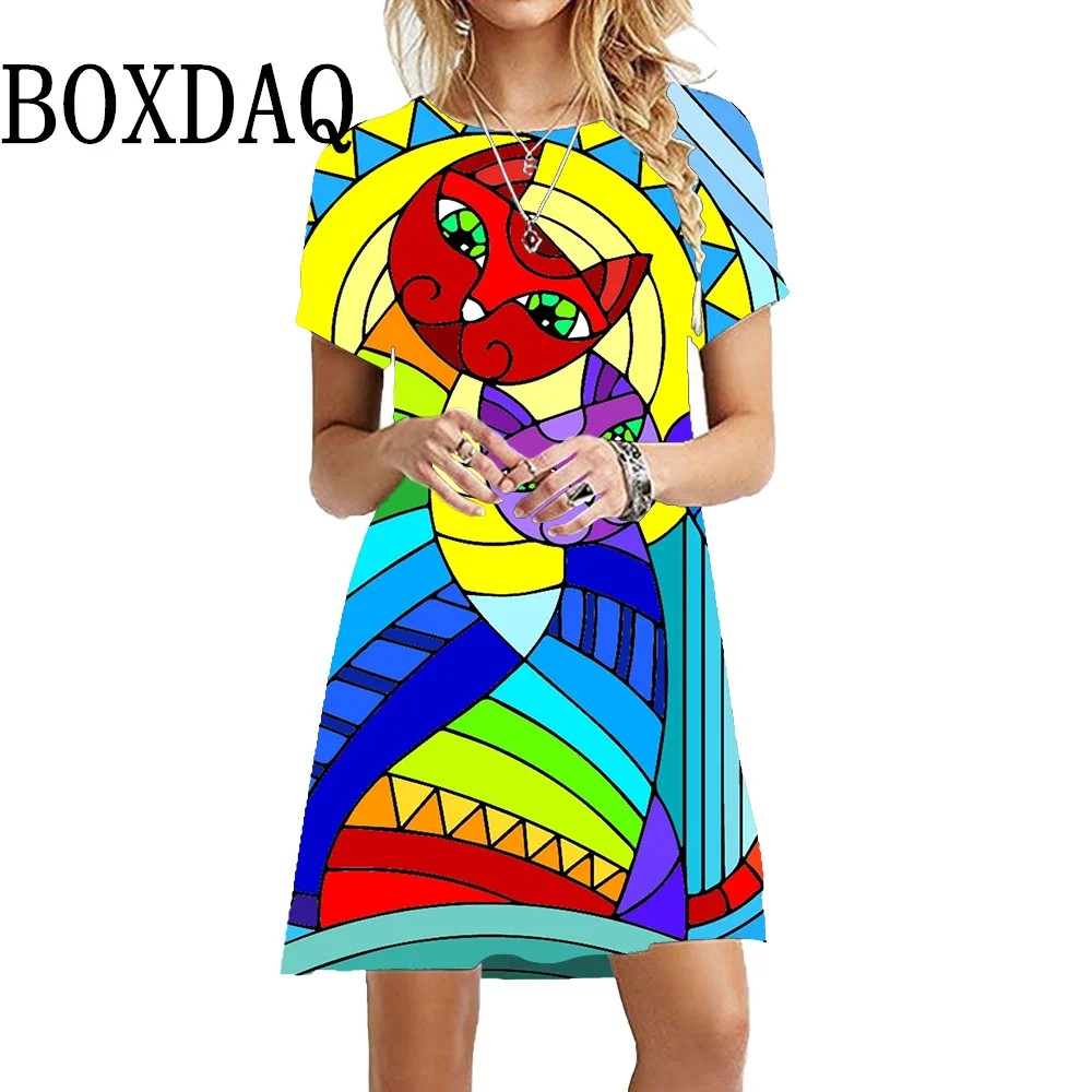 Pittura colorata Cat Dress Fashion Cute Party Kawaii Dress Print Mini Casual manica corta Pullover Summer Elegant Lady Dresses