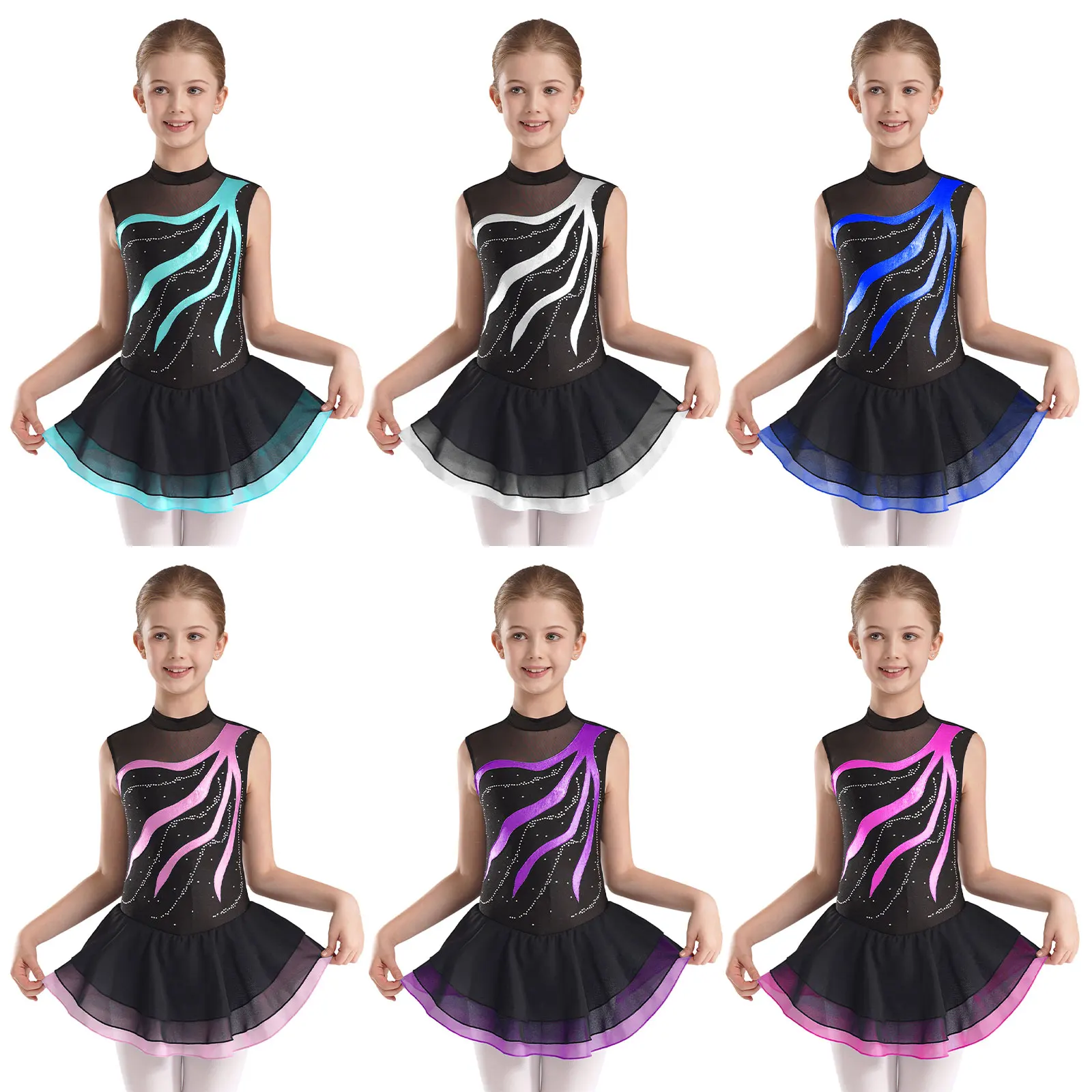 Kids Girls Figure Skating Dress Leotard Skater Skating Performance Costume Sleeveless Rhinestones Gymnastic Ballet Dancewear