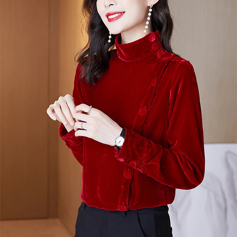 

2023 Spring Fall Women Turtleneck Wine Red 3xl 4xl Velvet Top Shirt , Woman Autumn Spring Casual Velour Tops Shirts