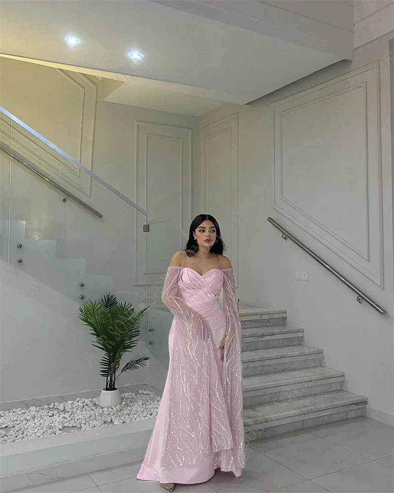 Pink Satin Sweetheart Mermaid Prom Dresses Ruched Shiny Long Jacket Sleeve Off Shoulder Formal Evening Dress Arabia Party Gown