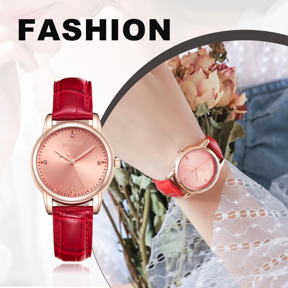 READ Ladies Minimal Quartz Wrist Watch | Simple Rose Dial | Red Leather Strap | Daily Water Resistant Women Casual Watch