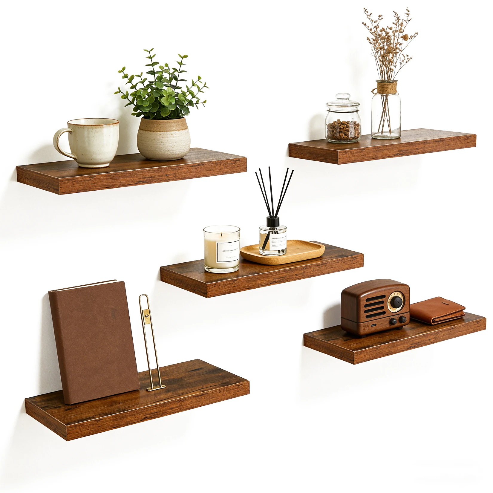 Rustikales braunes schwebendes Holz-Wandregal-Set, dekoratives Wandregal mit Metallhalterungen für Wohnzimmer, Schlafzimmer, Küche, Badezimmer, perfekt für Bilderrahmen, Pflanzen & Heimdekoration