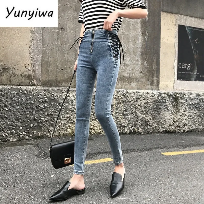 Jeans Female Denim Pants Lace up on side Womens Jeans plus siz 5XL Stretch High waist Feminino Skinny Pants For Women Trousers