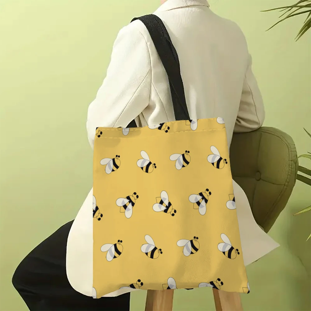 1pc Yellow Cartoon Bee Print Tote Shopping Bags 30x35cm Tote Bag Reusable Handbag Women Shoulder Cloth Pouch Foldable