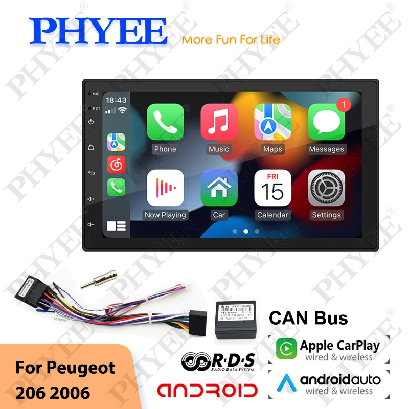 2 Din Car Android Radio CAN Bus Decoder Wireless Carplay Bluetooth Handsfree Android-Auto RDS GPS Head Unit for Peugeot 206 307