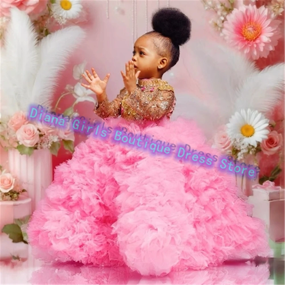 Luxury Layered Flower Girl Dress Tulle Gem Sequin Fluffy Princess For Kids Girls Wedding Birthday Party Ball Gowns Customised