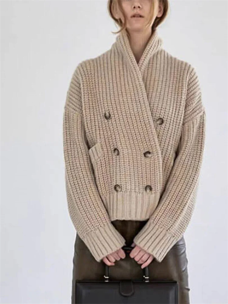 Damski dwurzędowy dzianinowy kardigan z długim rękawem Lazy Loose Solid Color Lady Shawl Collar Sweater Jacket Jesień Zima 2024