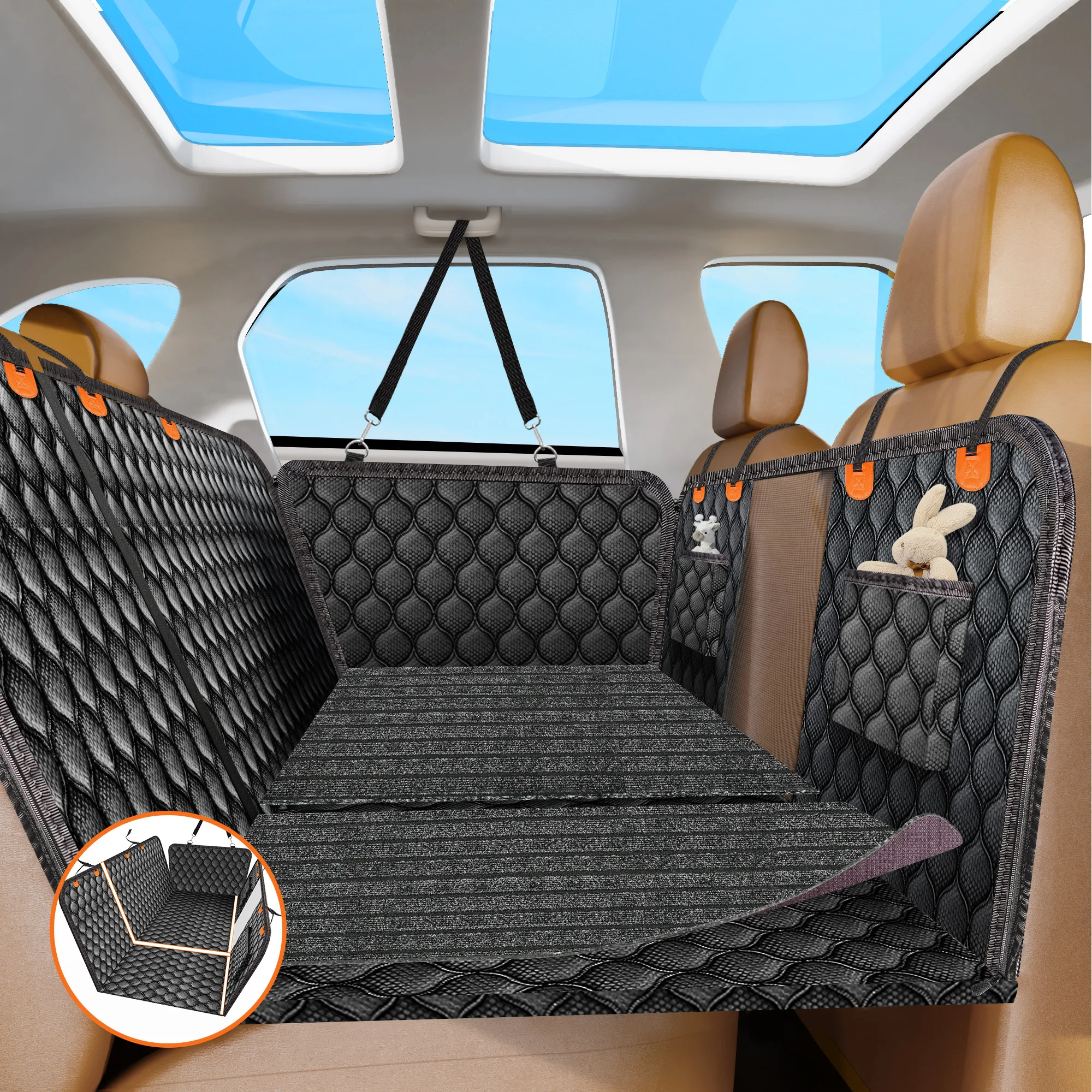 

Back Seat Extender for Dogs with Non-Slip Mat, 40/60 Split Dog Car Seat Cover for Backseat Hard Bottom 100% Waterproof Non-Slip