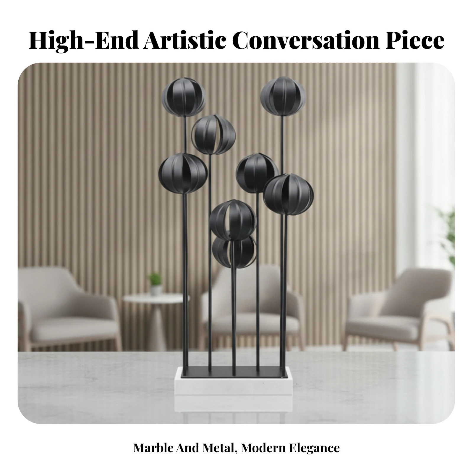 Flower-Cluster Sculpture Layered Metal Flower Sculpture Tabletop Ornament Black Stems Floor Ornament Modern for Home, Model Room
