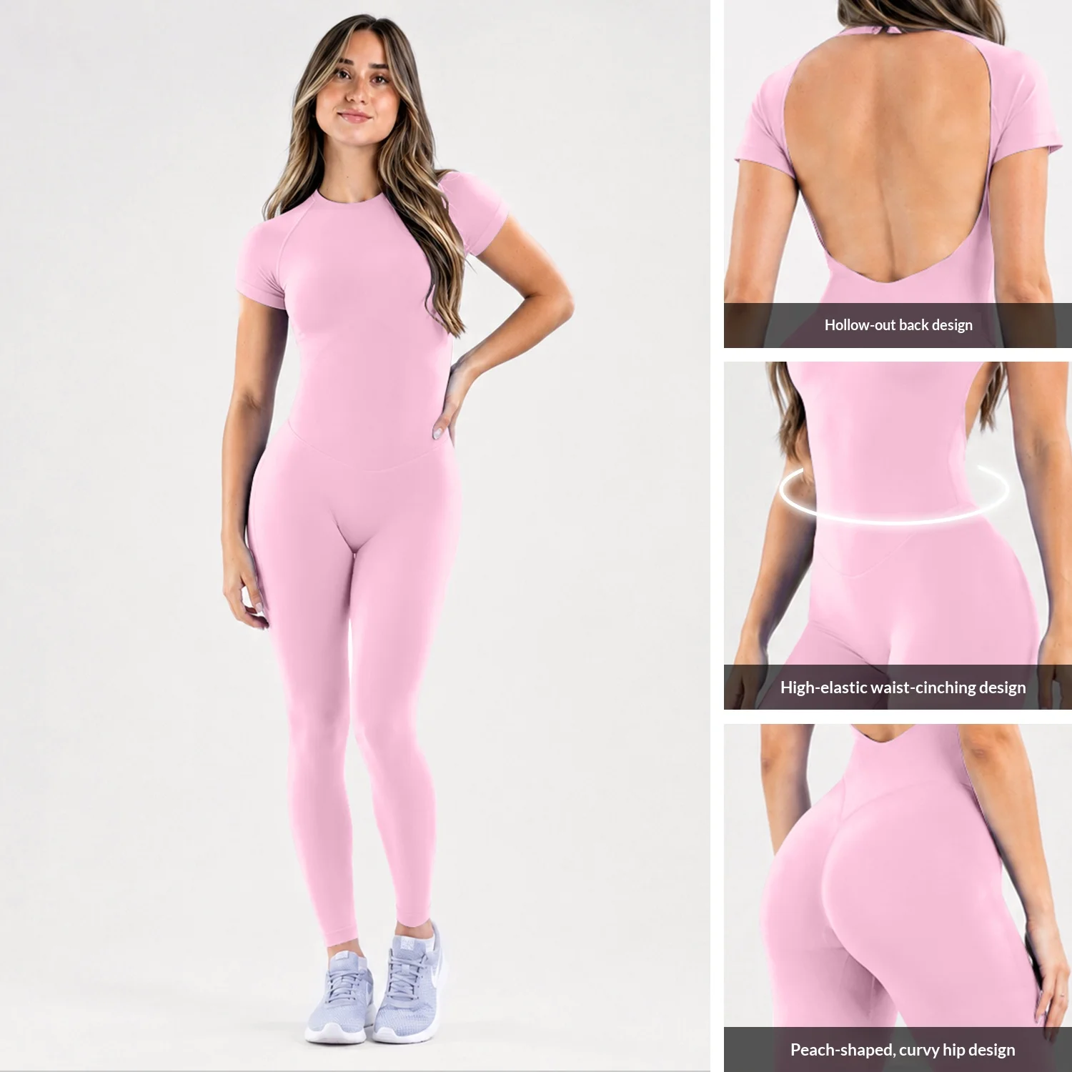 Women Backless Short Sleeve Yoga Jumpsuit Slim Fit Full Length Pants Breathable Pilates Fitness One Piece Bodysuit