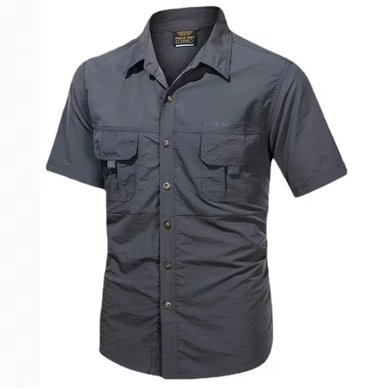 New Summer Cargo Shirts for Men Short Sleeve 2-Pocket Outdoor Casual Shirt Quick-dry Tops Lapel Single-Breasted Men's Shirts