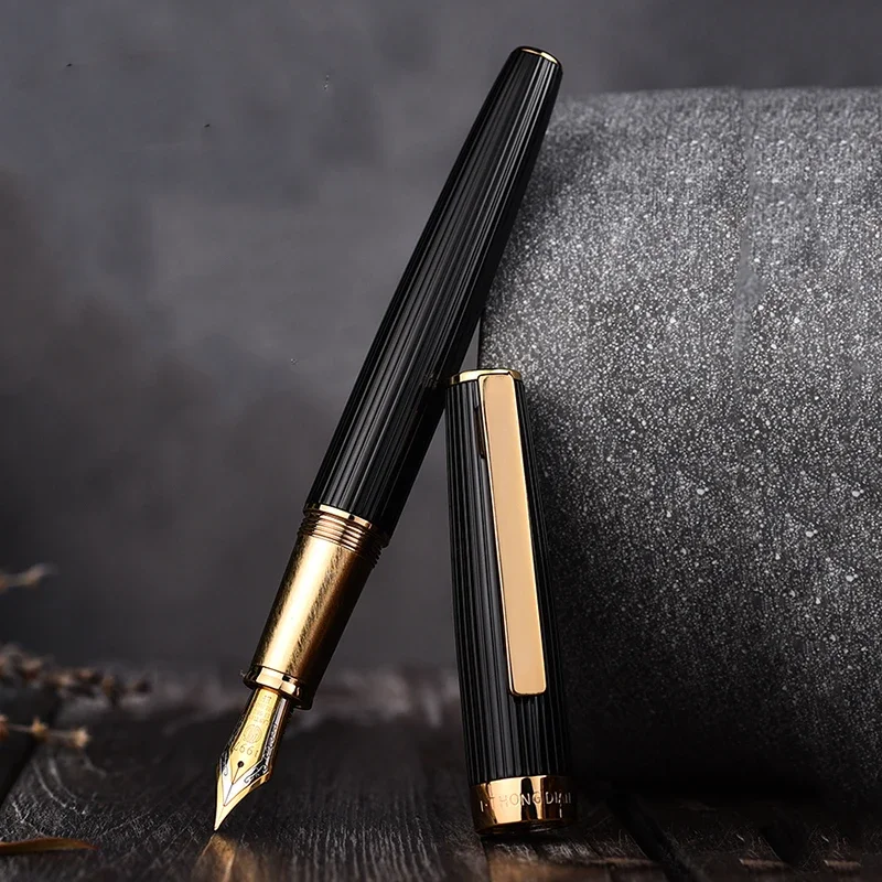 Hongdian 1845 Metal Black Fountain Pen Stainless Steel Ink Pen Beautiful Stripe EF/F Nib Office Business Writing Ink Gift Pen