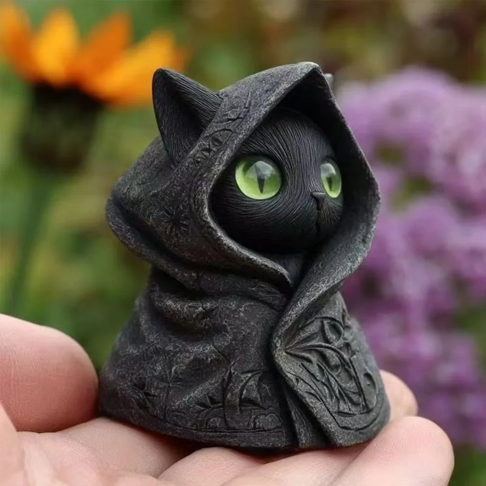 Mysterious Hooded Cat Fiqurine 8cm Gothic Black Cat Cloak Skeleton Statue Outdoor Garden Statue Ornaments Halloween Decorations