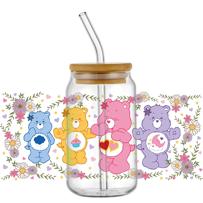 Miniso strawberry cute Bear 16OZ UV DTF Cup Wrap Transfers Stickers Custom Labels DIY Waterproof Logo For Libbey Glass Can