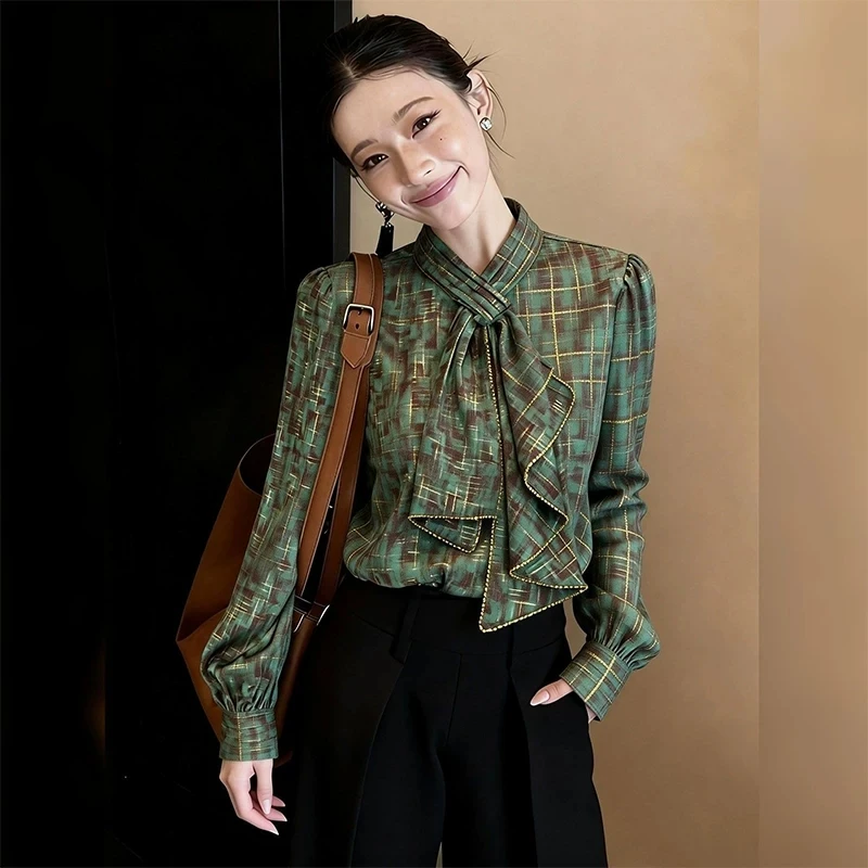 Casual Women's Blouses Chiffon Stripes Vintage Shirts Fashion Loose Spring/Summer Clothing Long Sleeve Bow Checkered Women Top