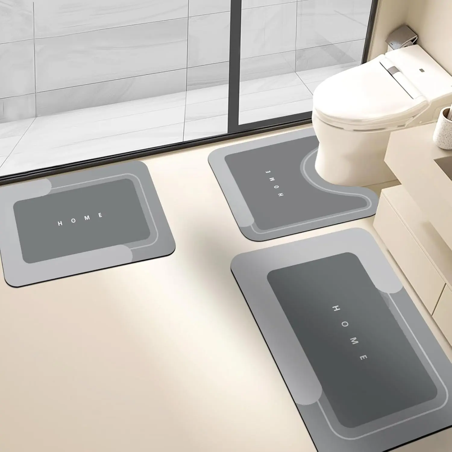 

Quick-Dry Non-Slip Bath Mat Set, 3-Piece Diatomite Floor Rug for Bathroom Kitchen Shower Sink, Dark Gray